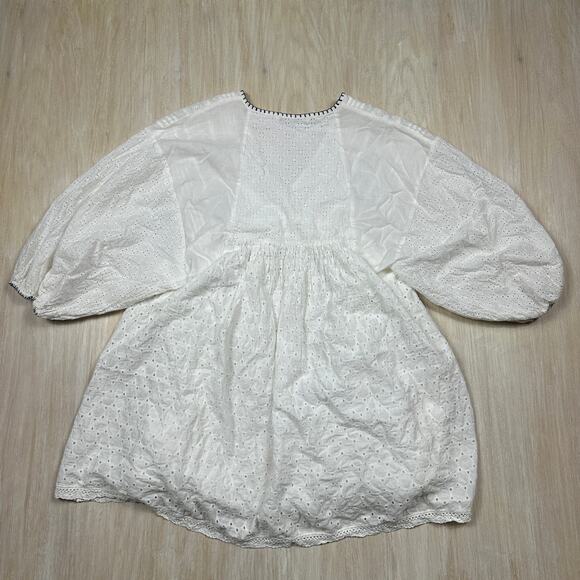 Zara White Eyelet Embroidered Puff Sleeve Boho Peasant Mini Dress Top Medium - Picture 10 of 12